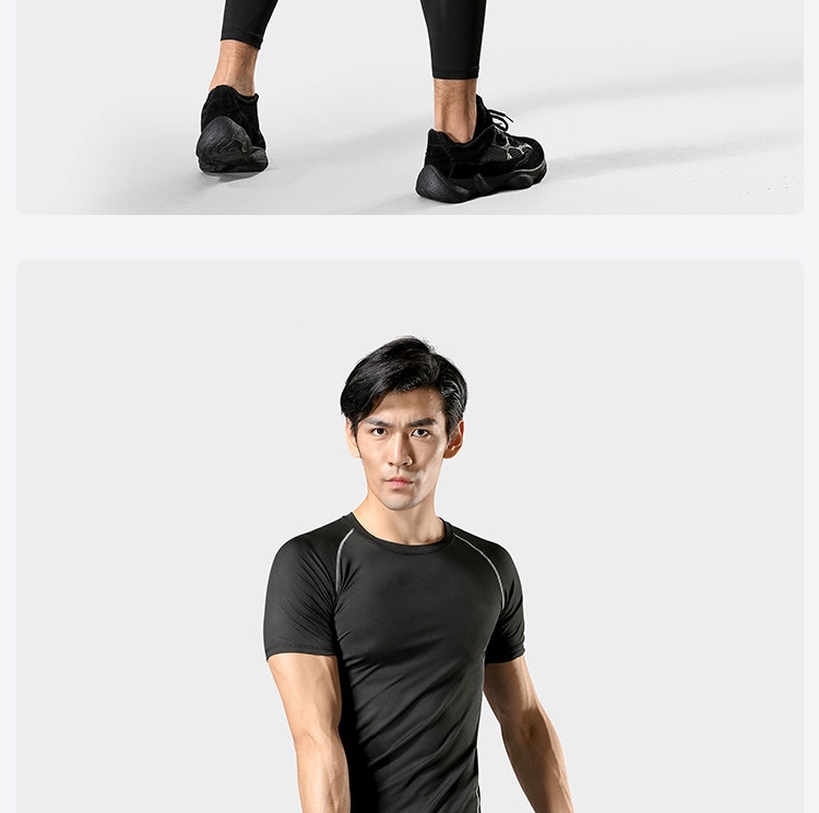 LATIT【基础运动系列】运动套装男健身服紧身透气排汗跑步短袖T恤外套男 NZ9001-黑色拼线-连帽外套六件套-XL
