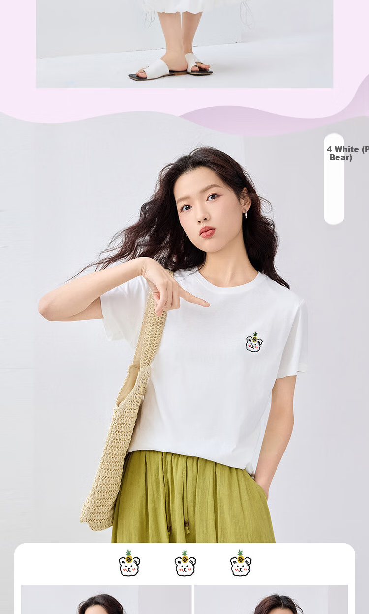 Женская футболка Giordano с коротким рукавом, летняя, 100% хлопок, с вышивкой милого животного, круглый вырез, модель 13325324