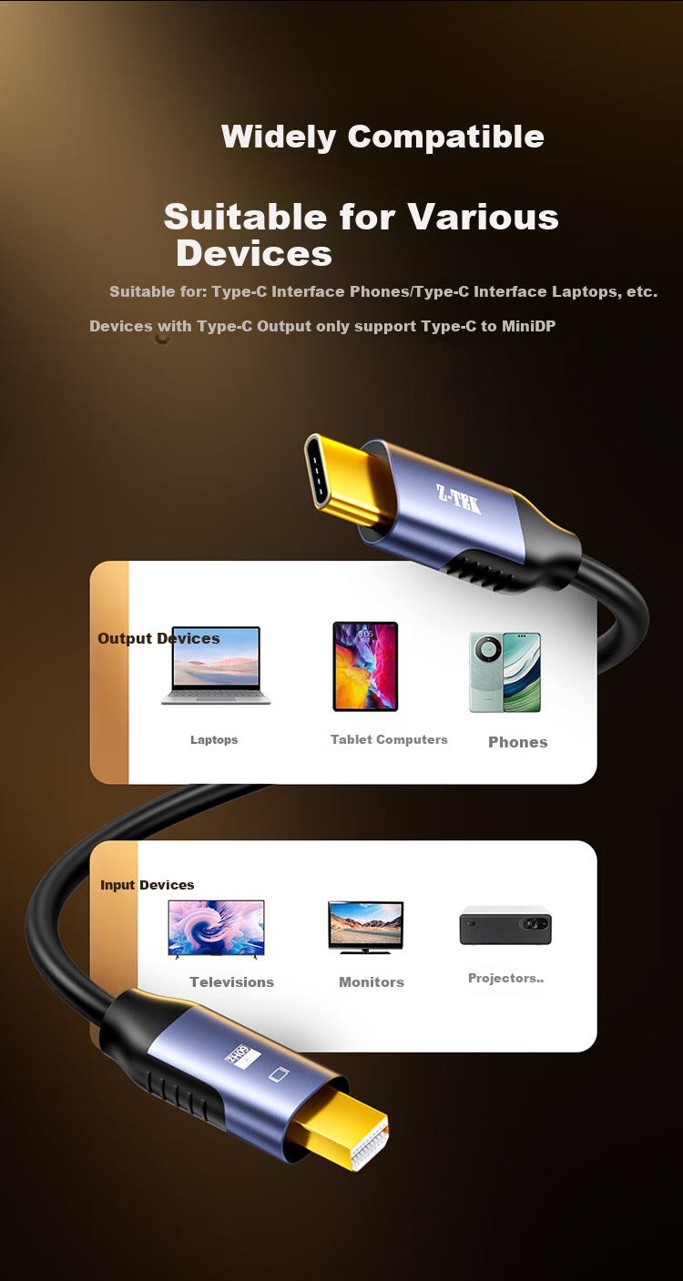 Адаптер Z-TEK Type-C на MiniDP, 1.8 м, 8K@60Hz/4K@240Hz, для подключения ноутбуков к внешним мониторам