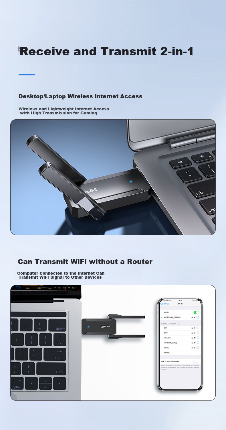 Wi-Fi адаптер DOREWIN AC1300, гигабитный USB, двухдиапазонный 5G, для настольных ПК и ноутбуков, 1300 Мбит/с