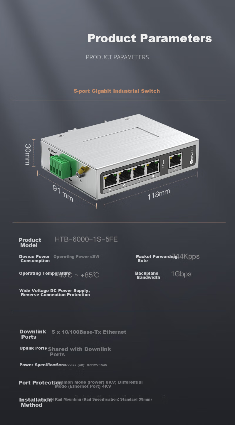 Промышленный Ethernet-коммутатор NetLINK HTB-6000-1S-5FE, 5 портов, 100 Мбит/с, для промышленного мониторинга, с креплением на DIN-рейку