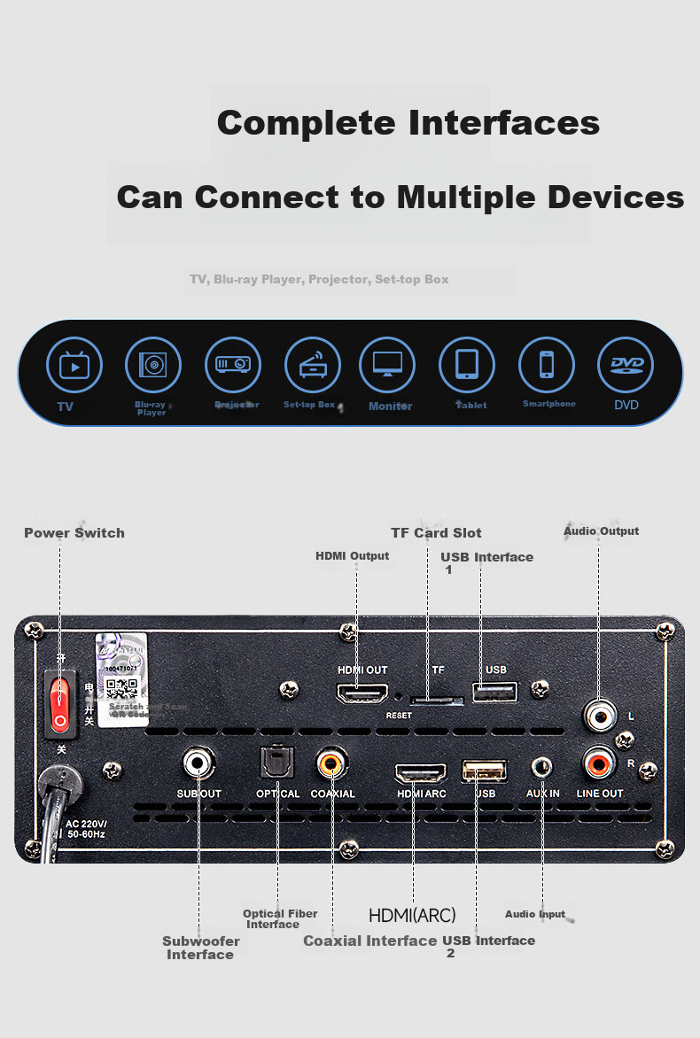 SANSUI 96H Умная домашняя караоке-система, портативная колонка с Bluetooth, Wi-Fi, HDMI, USB, оптическим и AUX входами, 14.1-дюймовый сенсорный экран, 500 ГБ памяти, 2 микрофона