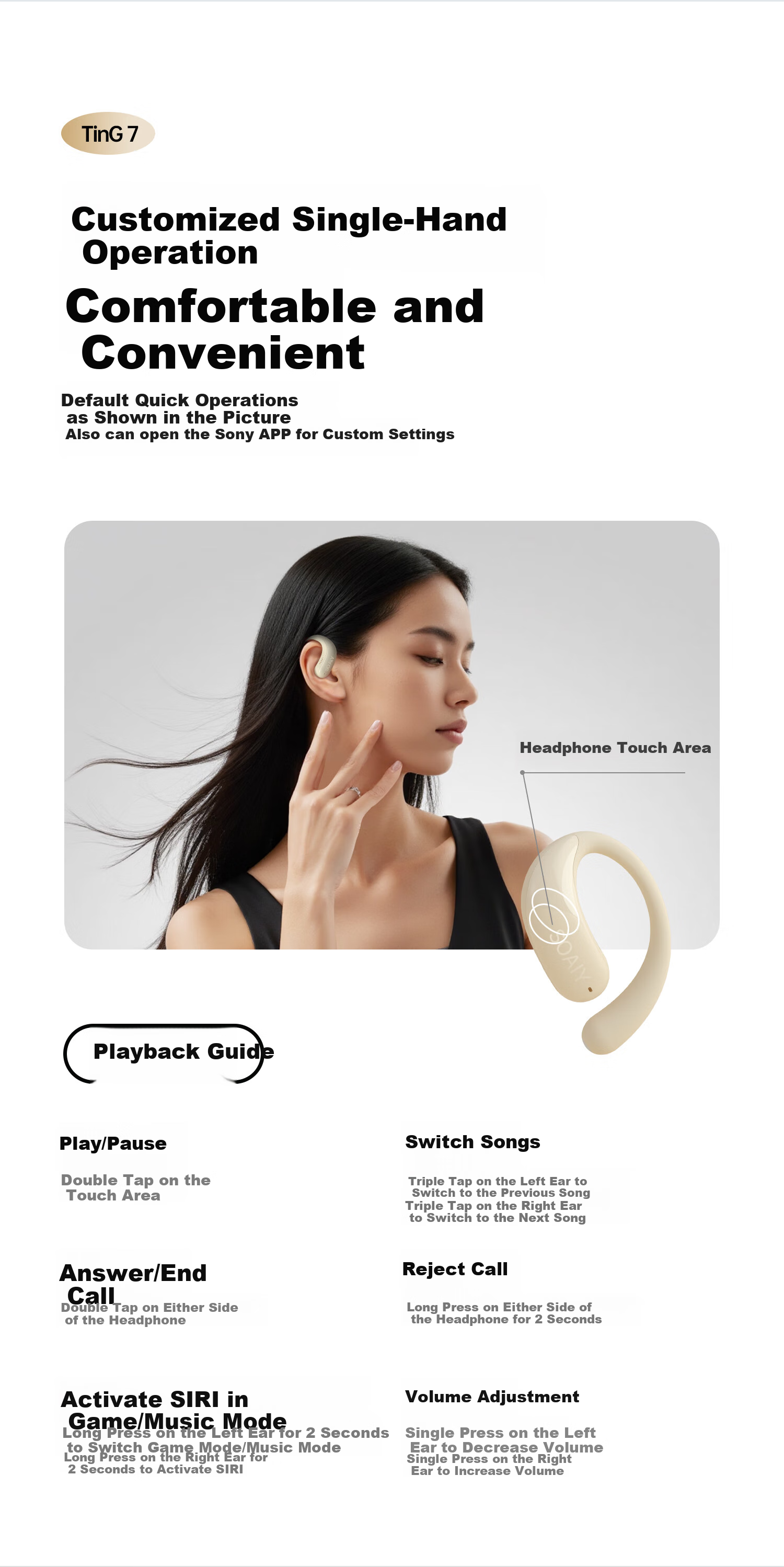 Беспроводные наушники Soaiy Ting 7 с открытым ухом, Bluetooth 6.0, True Wireless, шумоподавление, длительное время работы, черный