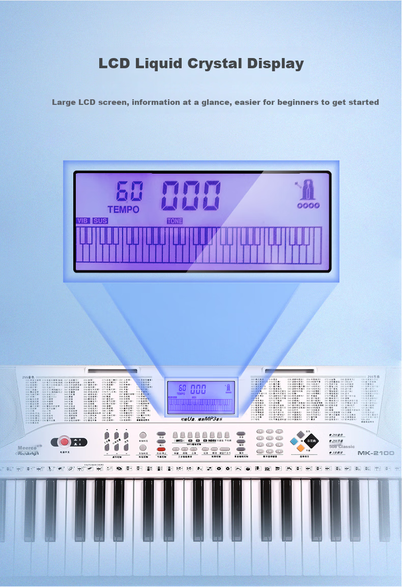 Meirkergr MK-2100 White Smart Version + Stand, 61-клавишная умная версия с подсветкой, многофункциональная электронная клавиатура, подключается к микрофону, наушникам, USB-накопителю, мобильному телефону, планшету с подставкой