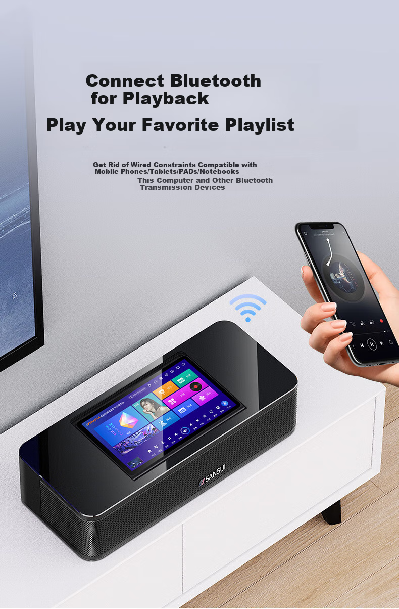 SANSUI 96H Умная домашняя караоке-система, портативная колонка с Bluetooth, Wi-Fi, HDMI, USB, оптическим и AUX входами, 14.1-дюймовый сенсорный экран, 500 ГБ памяти, 2 микрофона