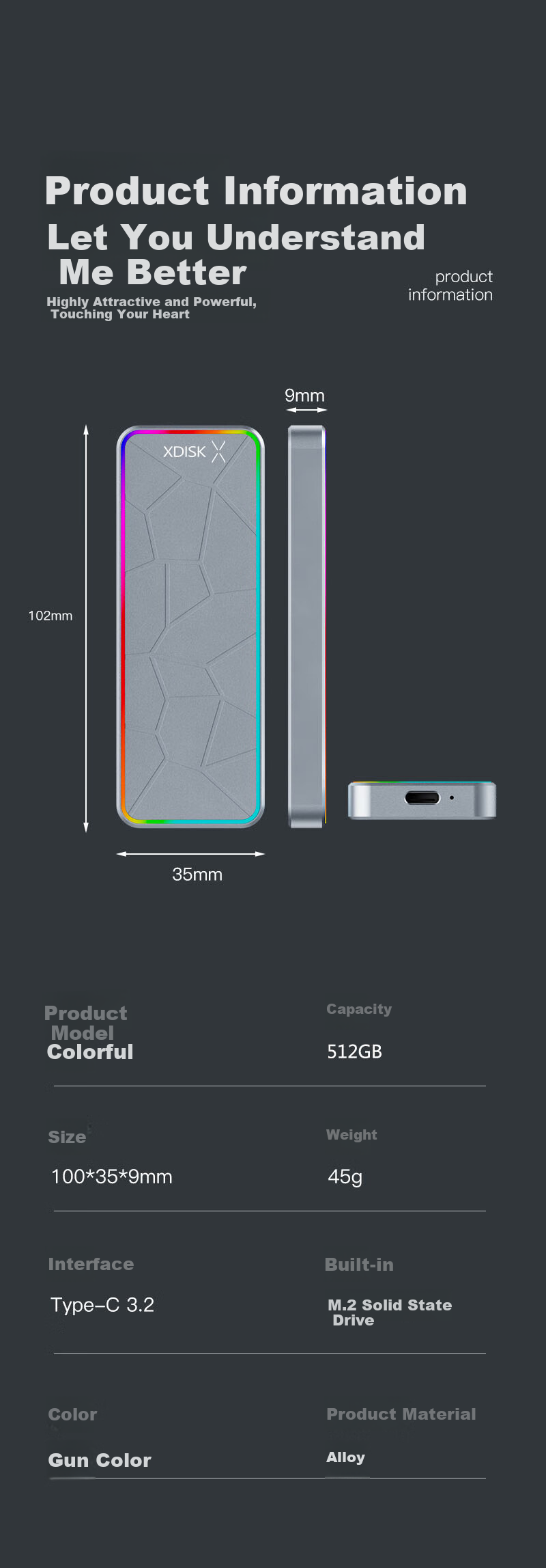 Портативный твердотельный накопитель Xiaopan (XDISK) M Series 512 ГБ, USB 3.2, Type-C, противоударный