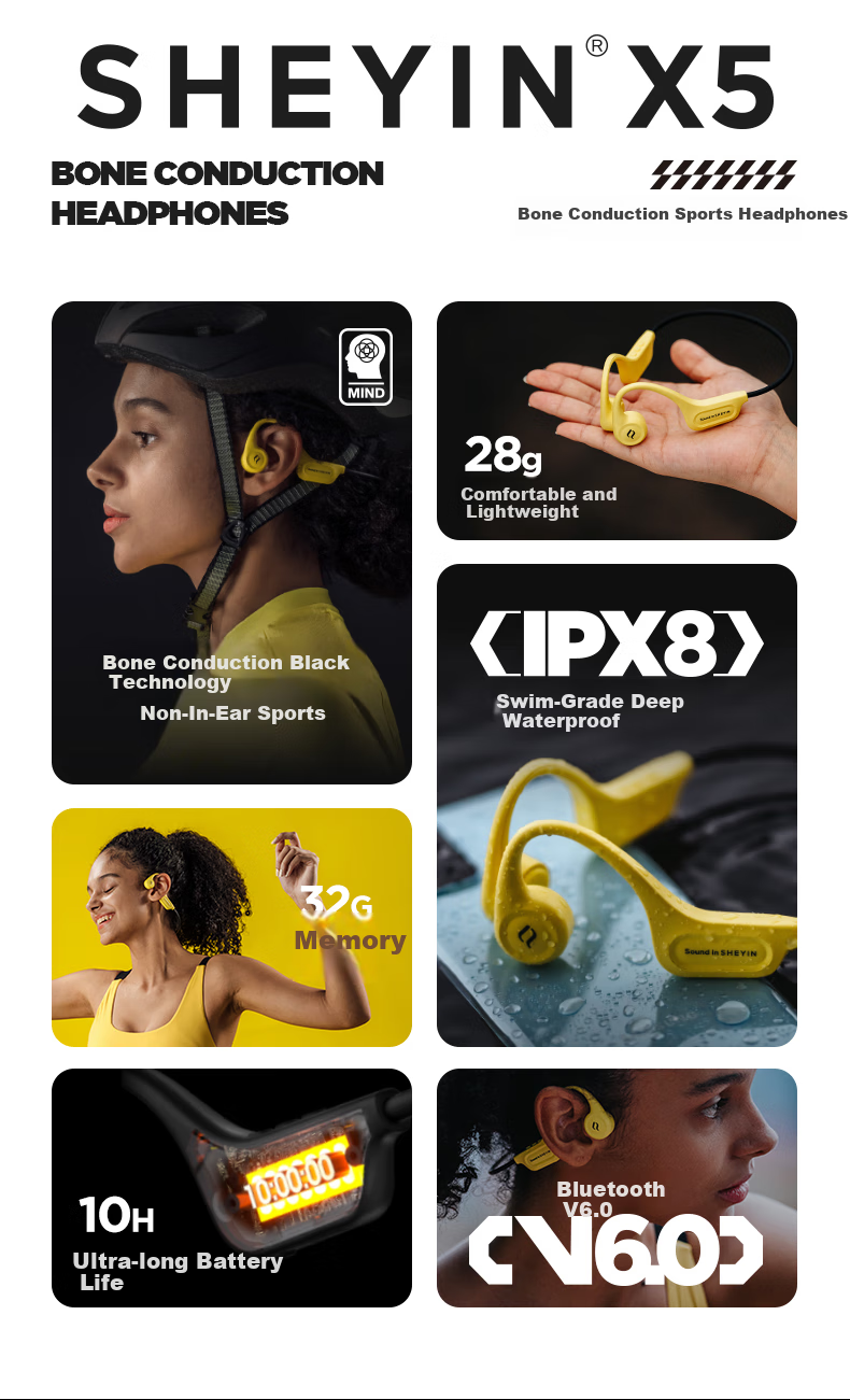 Наушники SHEYIN X5 True Bone Conduction Bluetooth, спортивные, водонепроницаемые IPX8, с микрофоном, 32 ГБ, белый и оранжевый