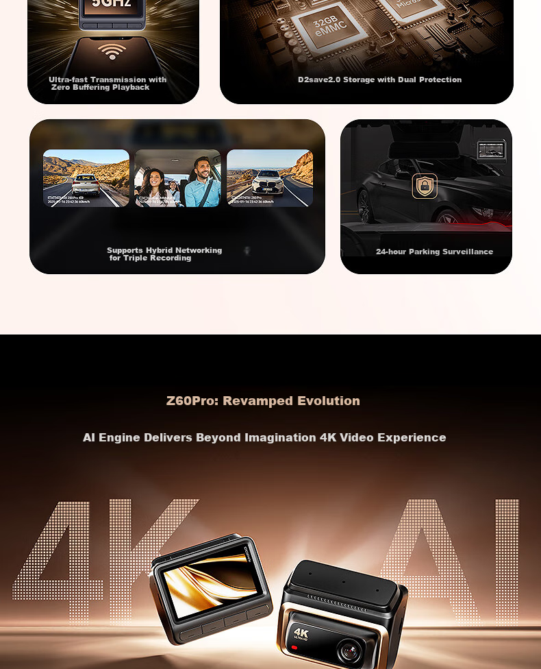 Видеорегистратор DDPAI Z60Pro, 4K, 2 камеры, Sony IMX678, GPS, Wi-Fi, 32 ГБ