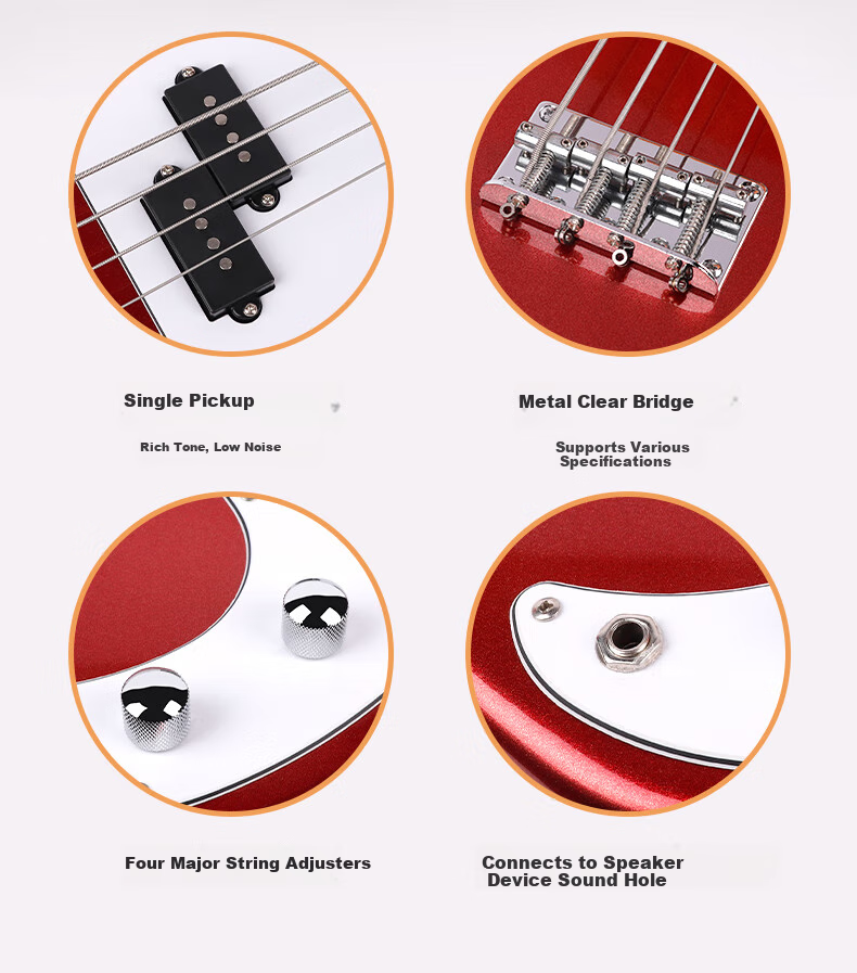 Бас-гитара Minsine FD/Jiaju Red Classic, 39 дюймов, для начинающих, 4 струны, с полным набором аксессуаров