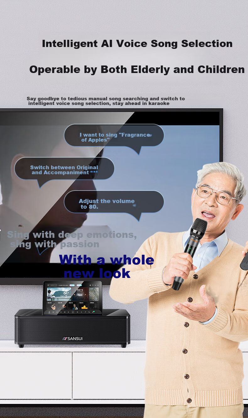 SANSUI 96H Умная домашняя караоке-система, портативная колонка с Bluetooth, Wi-Fi, HDMI, USB, оптическим и AUX входами, 14.1-дюймовый сенсорный экран, 500 ГБ памяти, 2 микрофона