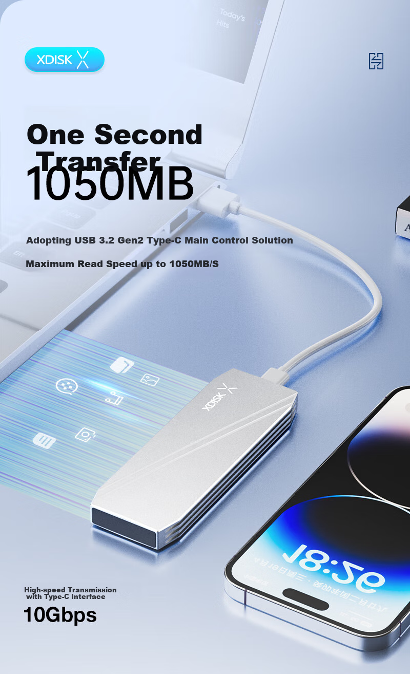 Портативный SSD-накопитель Xiaopan (XDISK) M Series, 512 ГБ, USB 3.2 Gen 2 Type-C, NVMe, серебристый