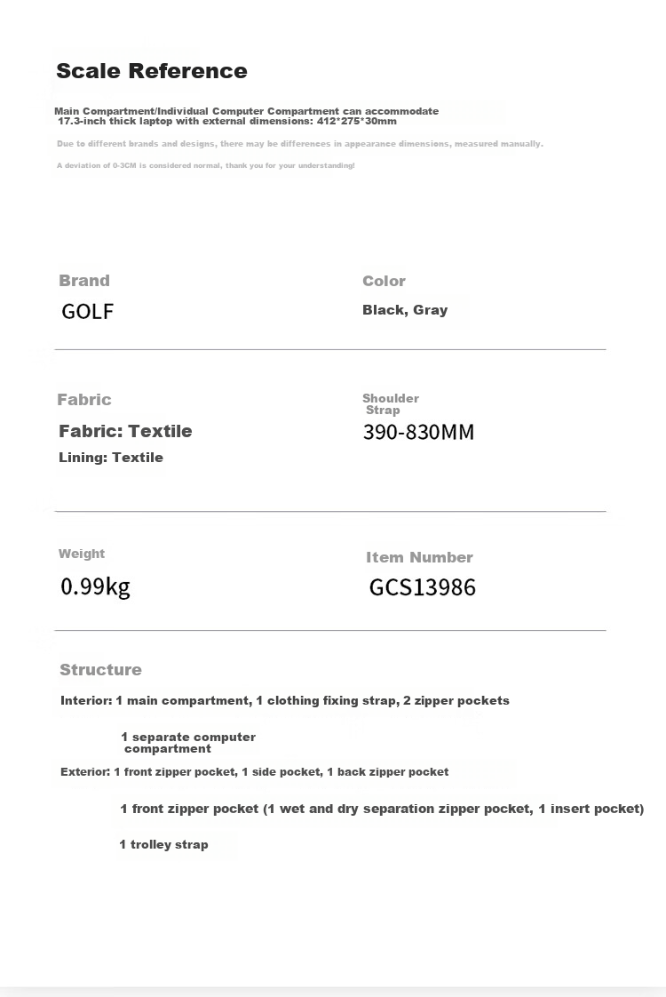 Рюкзак GOLF для мужчин, дорожный, для ноутбука 17.3 дюйма, студенческий, школьный, с множеством отделений, влагостойкий, для деловых поездок