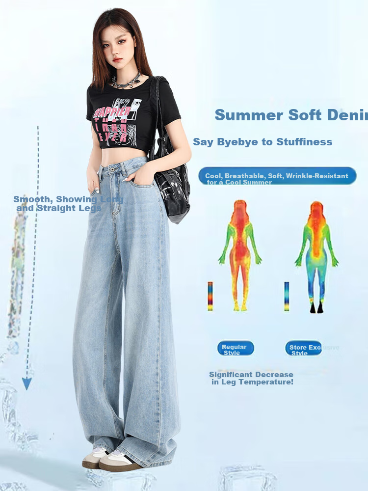 Джинсы Jeanswest женские, осенние, ледяной шелк, ощущение прохлады, повседневные, с высокой талией, драпирующиеся, свободные, широкие штанины, цвет "Ледяной туман", размер 2XL