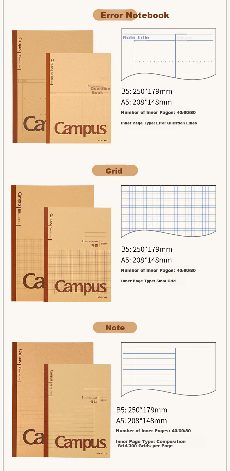 KOKUYO Campus Wireless Binding Notebook, 60 Sheets, 300 Grids, 3-Pack, Kraft Paper Composition Notebook WCN-CNB1669