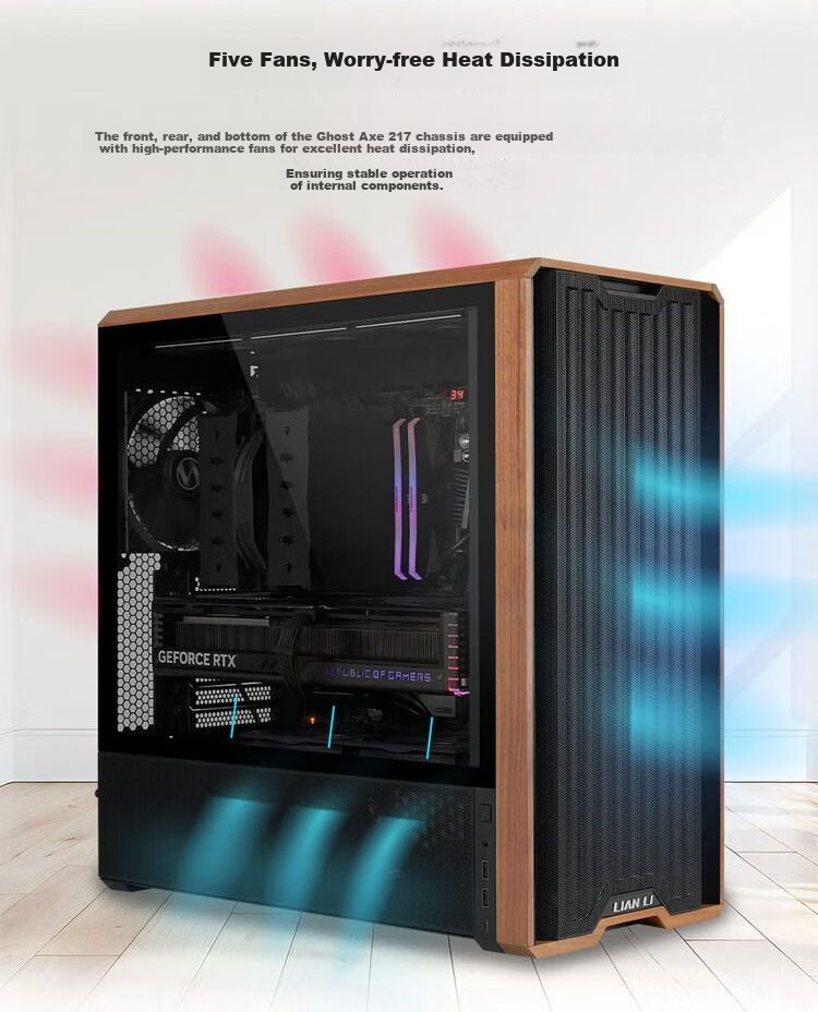 Корпус LIANLI L217 Mid-Tower, черный, с 5 вентиляторами, поддержка материнских плат EATX, дизайн с деревянной текстурой, двойные переключатели