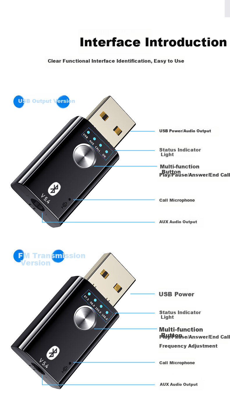 BIAZE USB Bluetooth Adapter 5.4 Audio Receiver/transmitter Two-In for Mobile to AUX Car Speakers/sound Systems Amplifiers, Calls/music navigatio