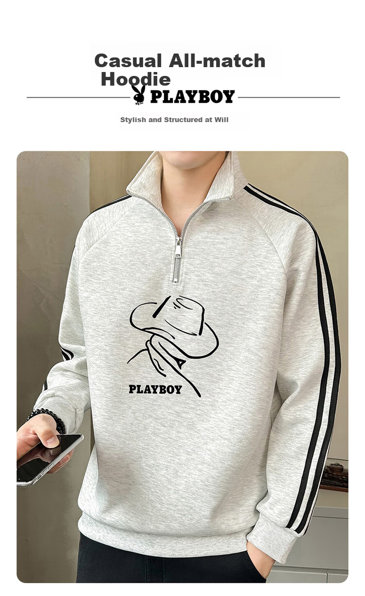 Мужская толстовка PLAYBOY с воротником-стойкой, спортивный стиль, модная повседневная свободная футболка с длинным рукавом