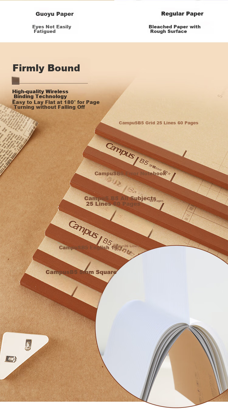 KOKUYO Campus Wireless Binding Notebook, 60 Sheets, 300 Grids, 3-Pack, Kraft Paper Composition Notebook WCN-CNB1669