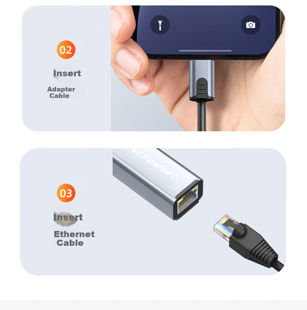 Переходник ULT-unite Lightning на RJ45 Ethernet, 100 Мбит/с, с портом зарядки, 0.5 м