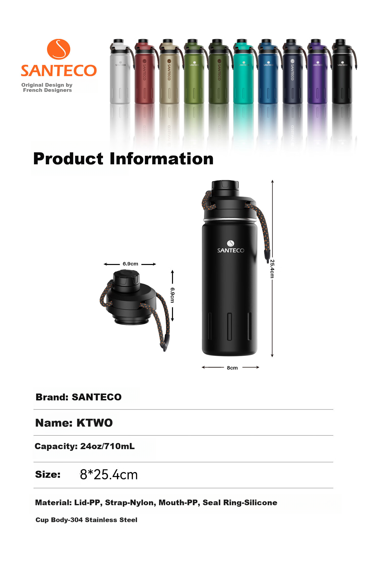 Термос SANTECO из нержавеющей стали, спортивная кружка, портативная уличная большая емкость для автомобиля, велосипедная бутылка, цвет "Угольный черный"