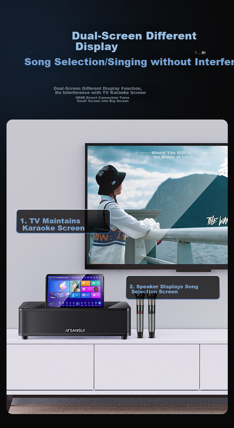 SANSUI 96H Умная домашняя караоке-система, портативная колонка с Bluetooth, Wi-Fi, HDMI, USB, оптическим и AUX входами, 14.1-дюймовый сенсорный экран, 500 ГБ памяти, 2 микрофона