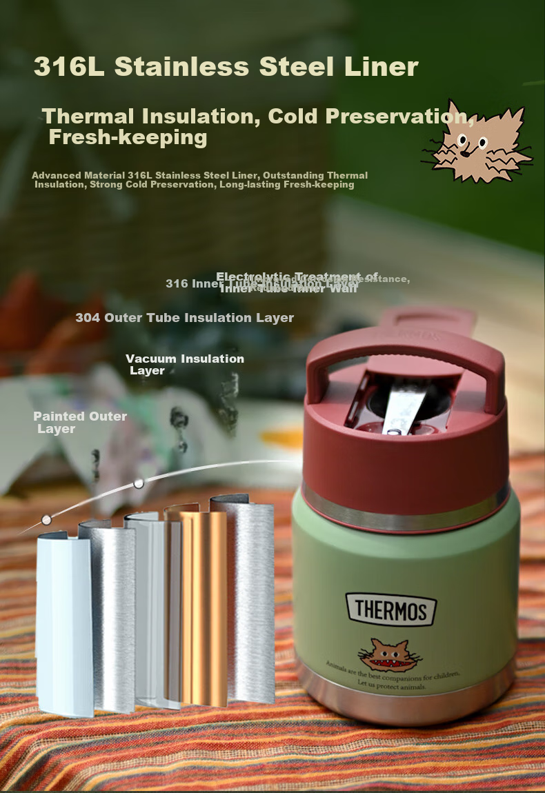 Детский термос-кружка THERMOS, 410 мл, с ложкой, зеленый, из нержавеющей стали 316L, для школы