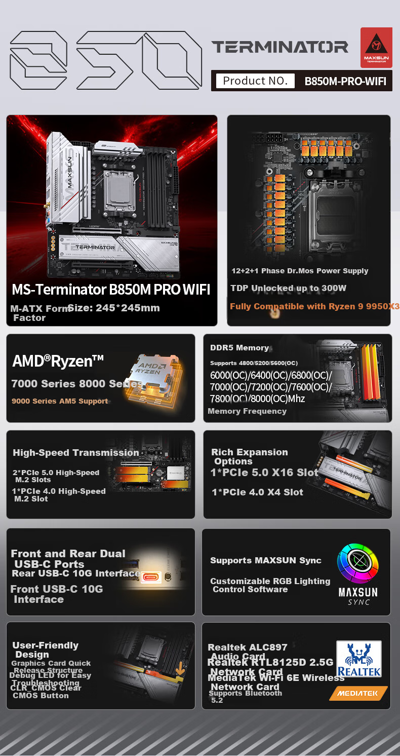 Материнская плата MAXSUN Terminator B850M PRO WIFI, AM5, DDR5, Wi-Fi 6E, M-ATX