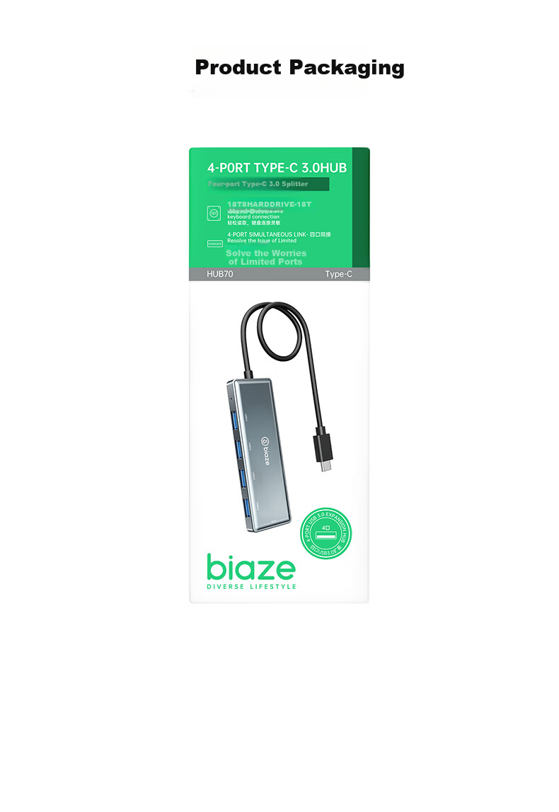 BIAZE Type-C 3.0 концентратор, 4-портовый USB-хаб, удлинитель для ноутбуков Apple, планшетов iPad, адаптер