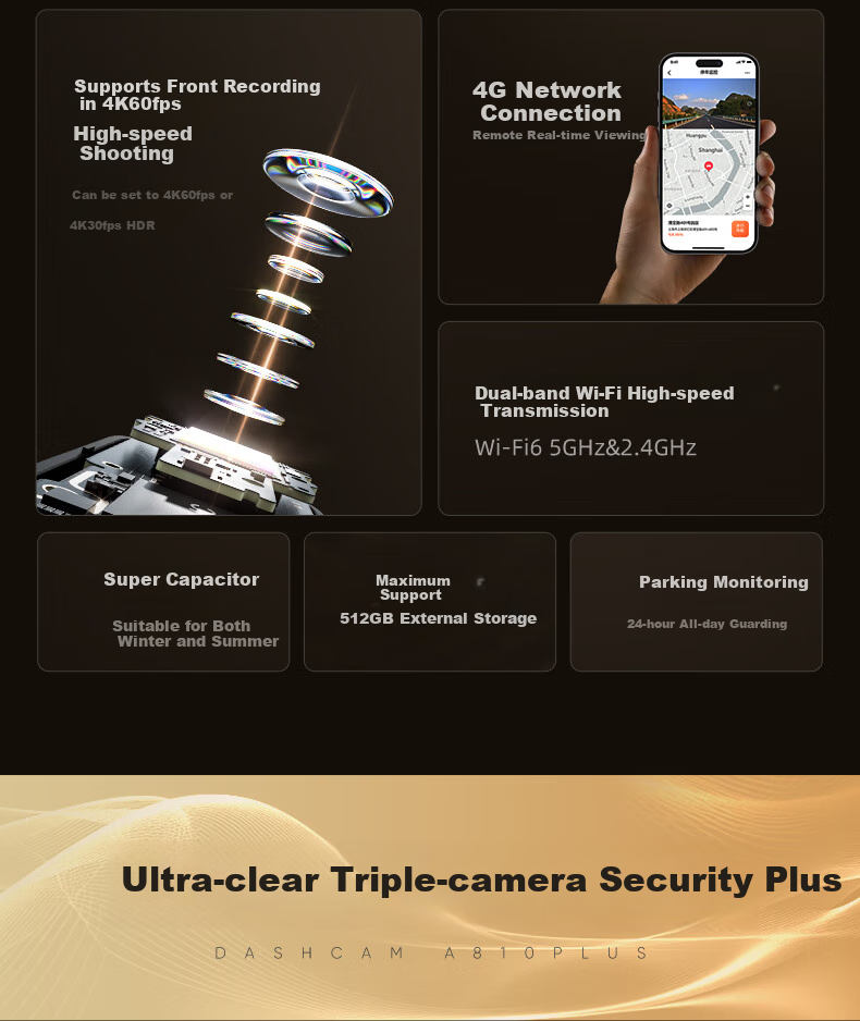 Видеорегистратор 70mai A810Plus, 4K Ultra HD, двойная запись (передняя и задняя), с двумя датчиками Sony