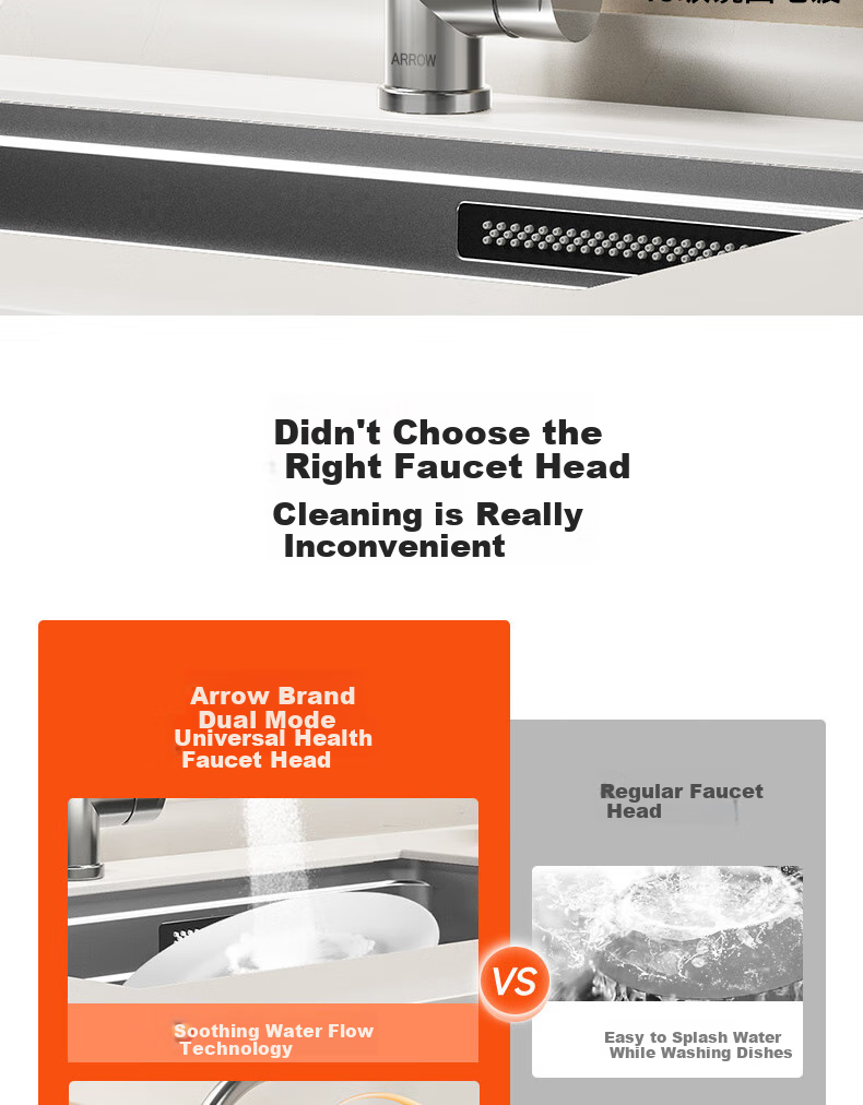 Смеситель для кухни ARROW Hot And Cold Kitchen Faucet с двойным распылением воды, двойным управлением горячей и холодной водой, вращением на 360°, кран для раковины, модель AE45402CP, цвет хром