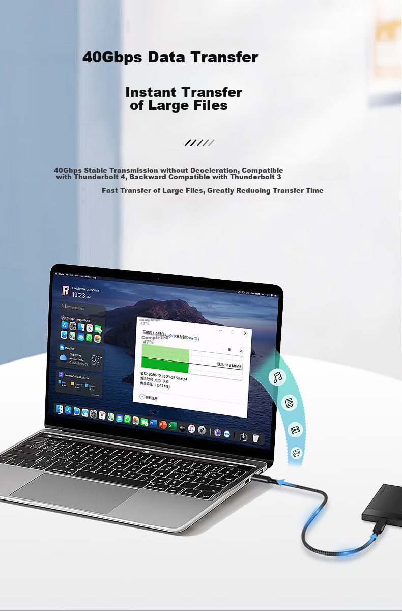 Кабель Yeren USB4 40Gbps Type-C, 8K Thunderbolt 4, PD 240W, 1.5 м
