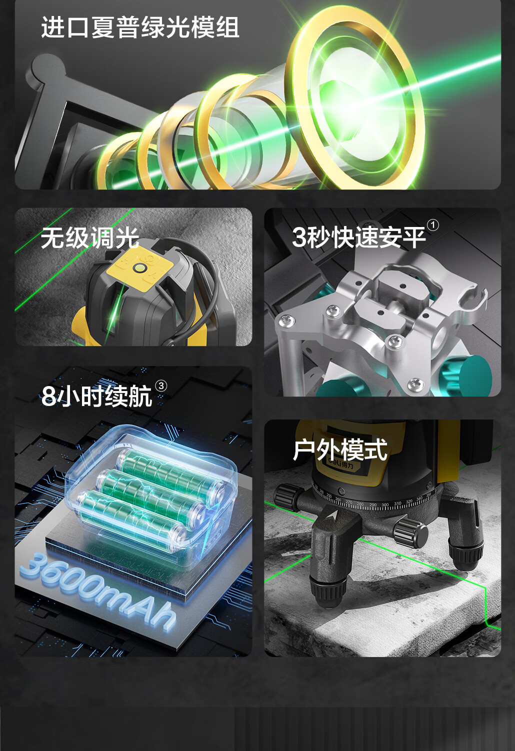 Лазерный уровень Deli Green Light 2-Line, инфракрасный нивелир, уличный высокояркий, высокоточный, автоматический