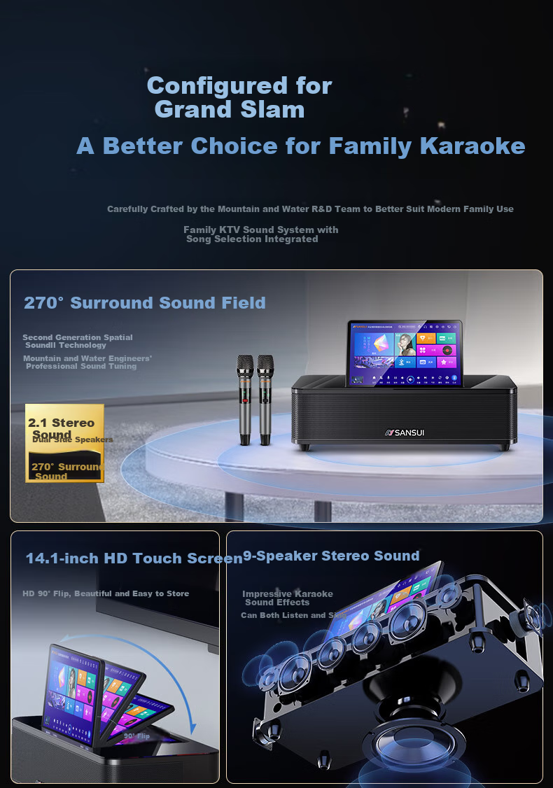 SANSUI 96H Умная домашняя караоке-система, портативная колонка с Bluetooth, Wi-Fi, HDMI, USB, оптическим и AUX входами, 14.1-дюймовый сенсорный экран, 500 ГБ памяти, 2 микрофона