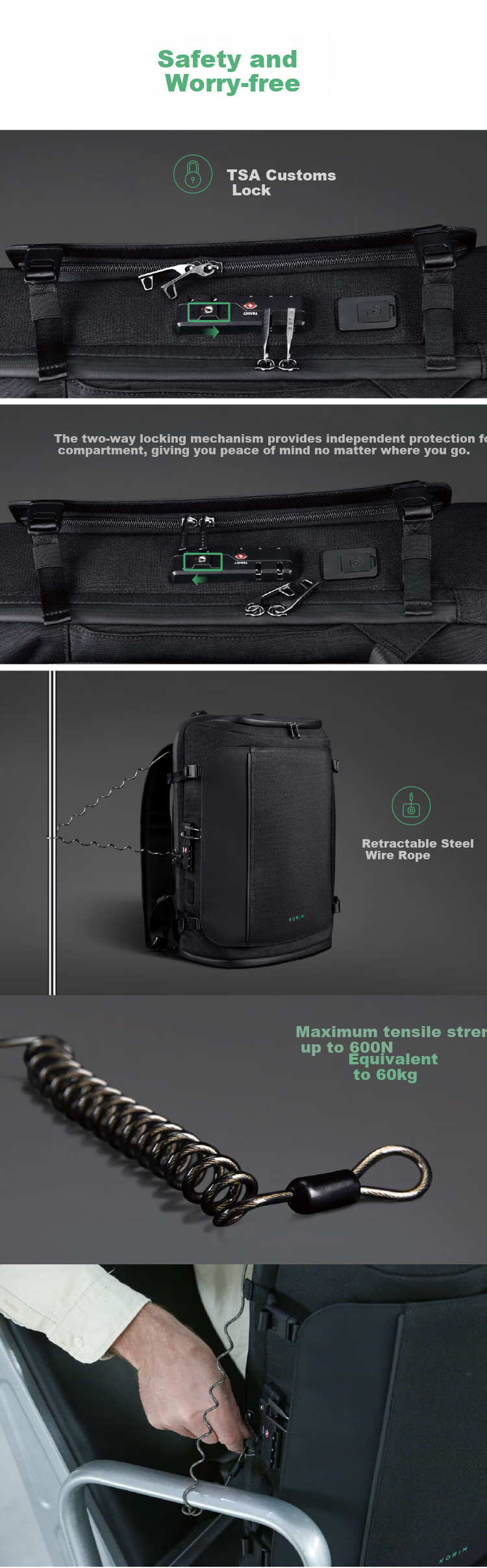 Рюкзак KORIN Anti-Cut And Anti-Theft Travel Backpack для мужчин, большой вместительный рюкзак для ноутбука 16 дюймов, подходит для туризма и деловых поездок, модный рюкзак K41