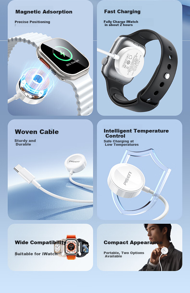 Зарядное устройство PISEN MagSafe для Apple Watch, плетеный кабель Type-C, 5W, белое