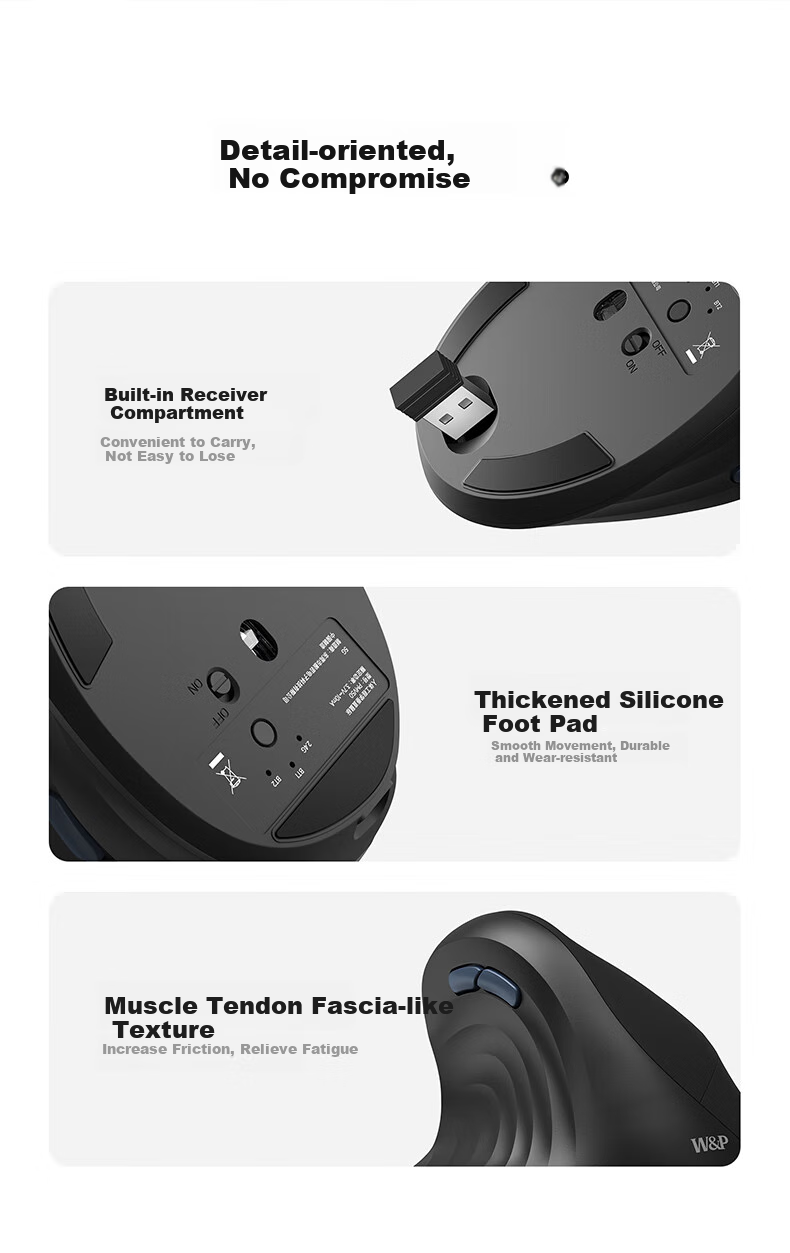 Эргономичная вертикальная беспроводная мышь W&P MV50, Bluetooth, 2.4 ГГц, 52° вертикальный захват, тихий клик, для правой руки, черный
