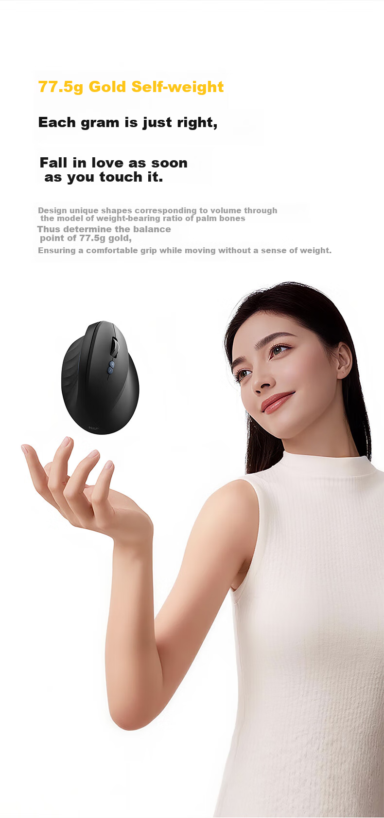 Эргономичная вертикальная беспроводная мышь W&P MV50, Bluetooth, 2.4 ГГц, 52° вертикальный захват, тихий клик, для правой руки, черный