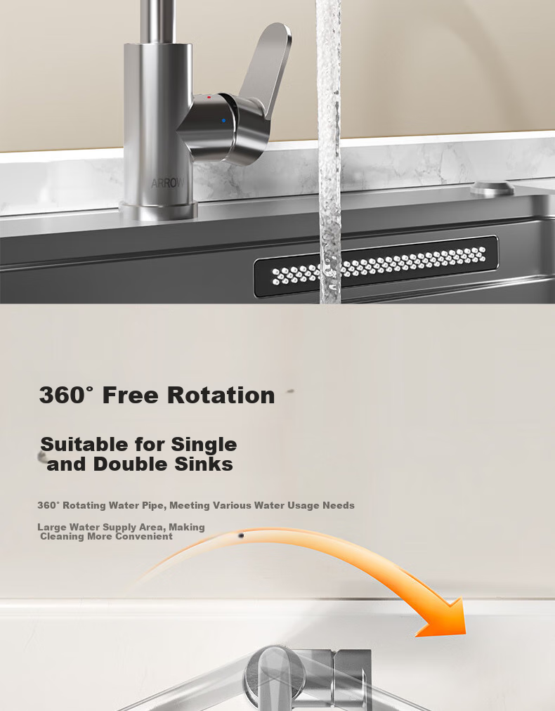 Смеситель для кухни ARROW Hot And Cold Kitchen Faucet с двойным распылением воды, двойным управлением горячей и холодной водой, вращением на 360°, кран для раковины, модель AE45402CP, цвет хром