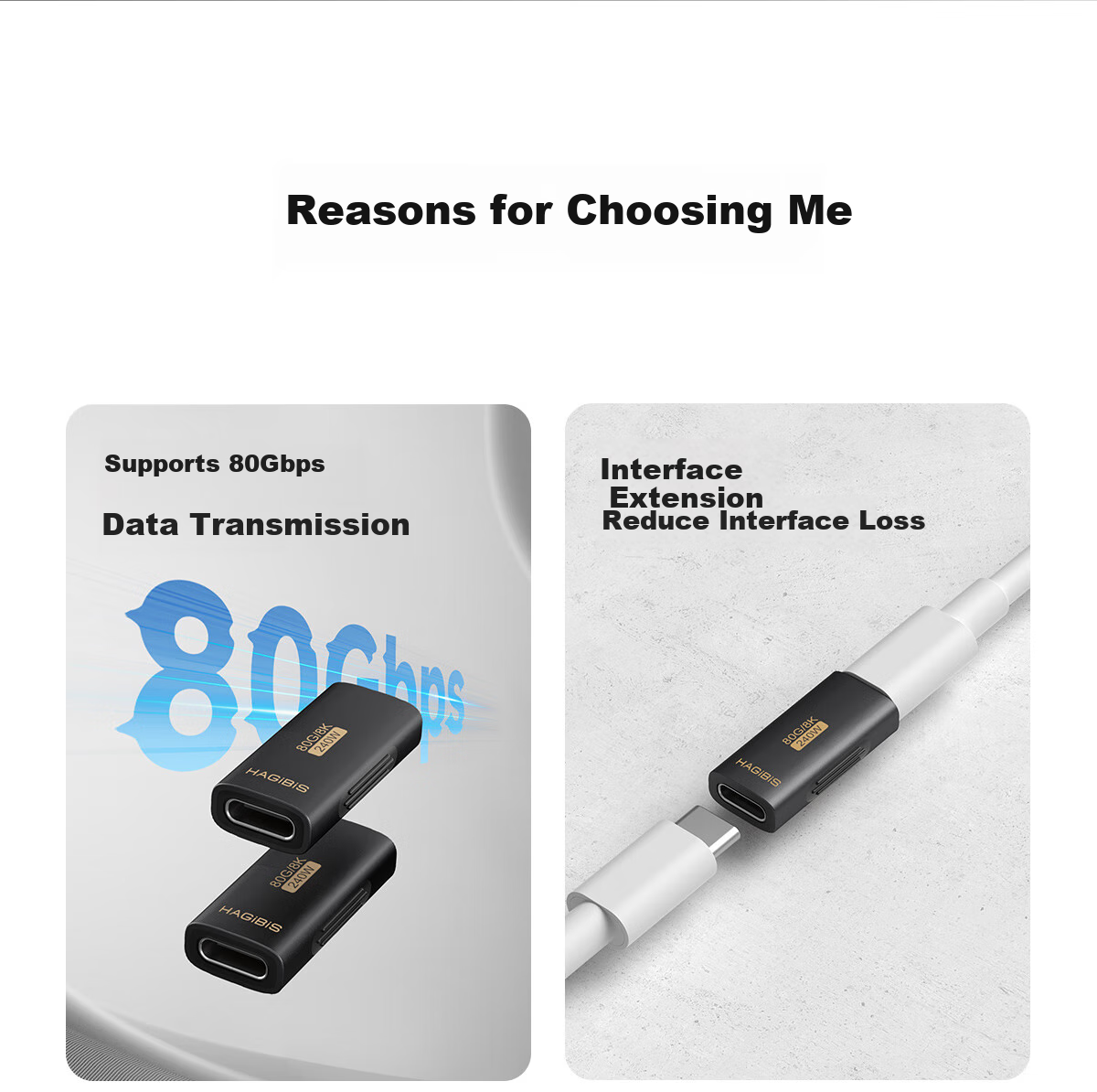 Адаптер Hagibis Type-C Female to Female USB4, удлинитель Thunderbolt 5, 40/80 Гбит/с, 100/240 Вт, 8K