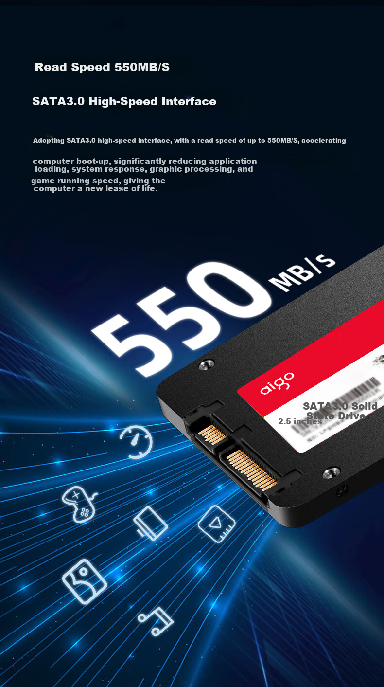 SSD накопитель Aigo S500T, 512 ГБ, SATA III, 2.5 дюйма, TLC NAND, скорость чтения 550 МБ/с