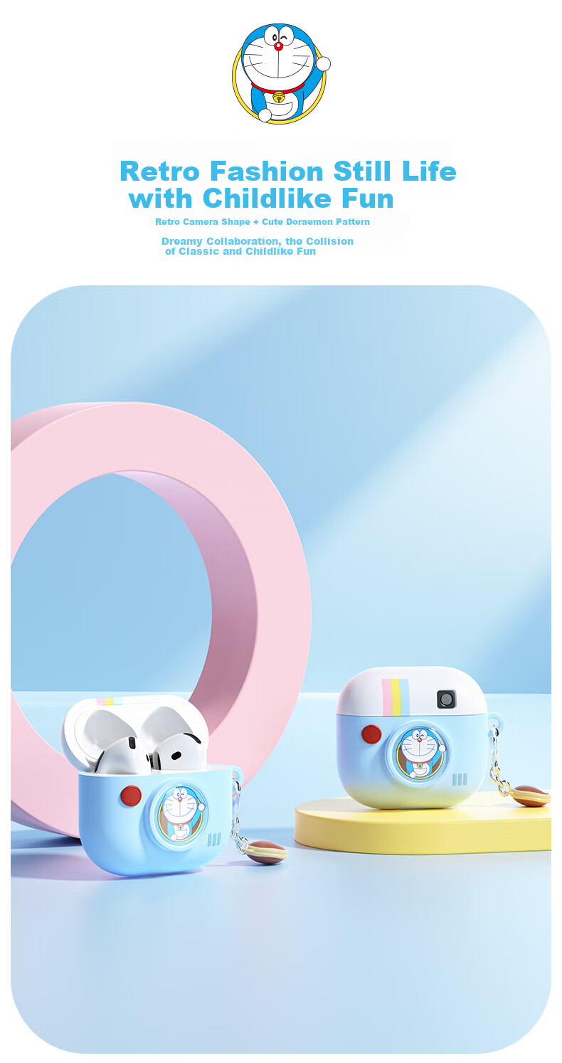 Чехол для наушников ROCK Doraemon для Apple AirPods 4, силиконовый, защитный, противоударный, с принтом "Ретро камера"