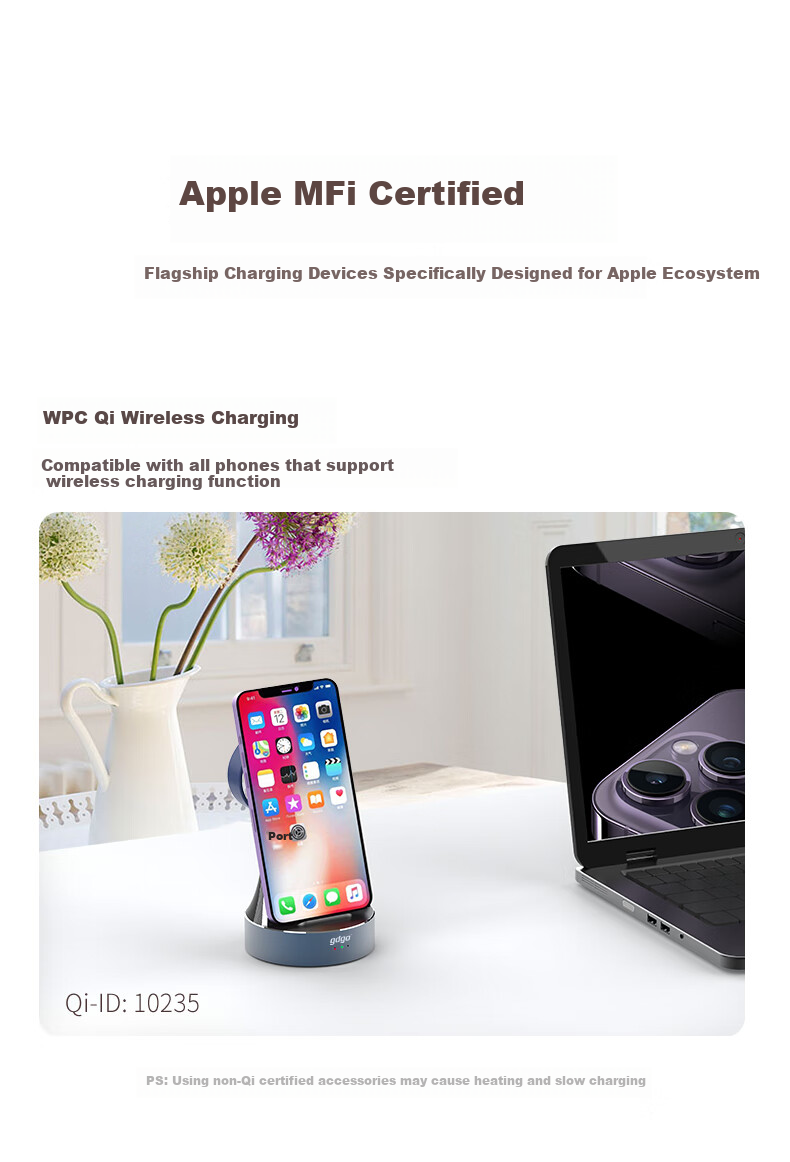 GDGO Беспроводное зарядное устройство 2-в-1 с сертификацией Apple MFi, быстрая зарядка для iPhone 17/16/15, Apple Watch S11/10/9, сертификация QI