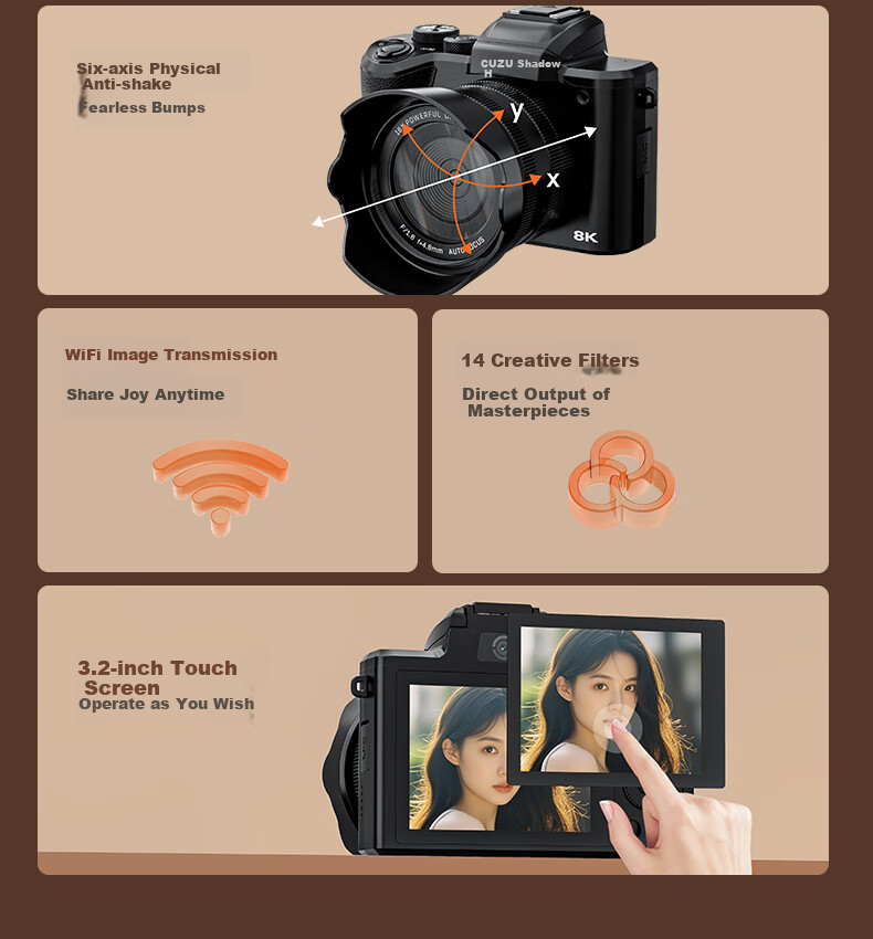 Цифровая камера CAIZU C7S, 88 Мп, 8K видео, 1/2" CMOS, сенсорный экран, Wi-Fi, стабилизация, 128 ГБ карта памяти, 2 аккумулятора