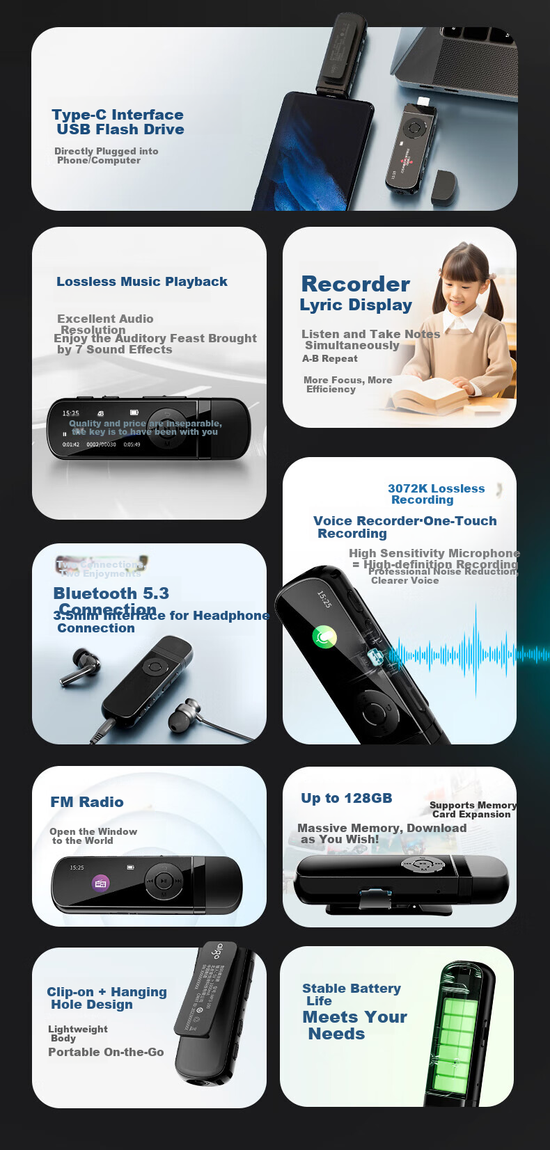 Портативный MP3-плеер Aigo MP3-100, 128 ГБ, Bluetooth, для студентов, для обучения английскому языку, для спорта, с функцией записи, в стиле USB-флешки с портом USB-C