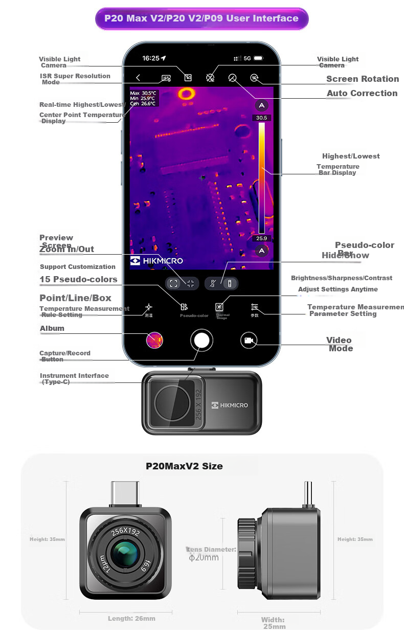 Тепловизор HIKMICRO P09 для смартфона, инфракрасный, 192x192, измерение температуры, детектор утечек, Android/iOS