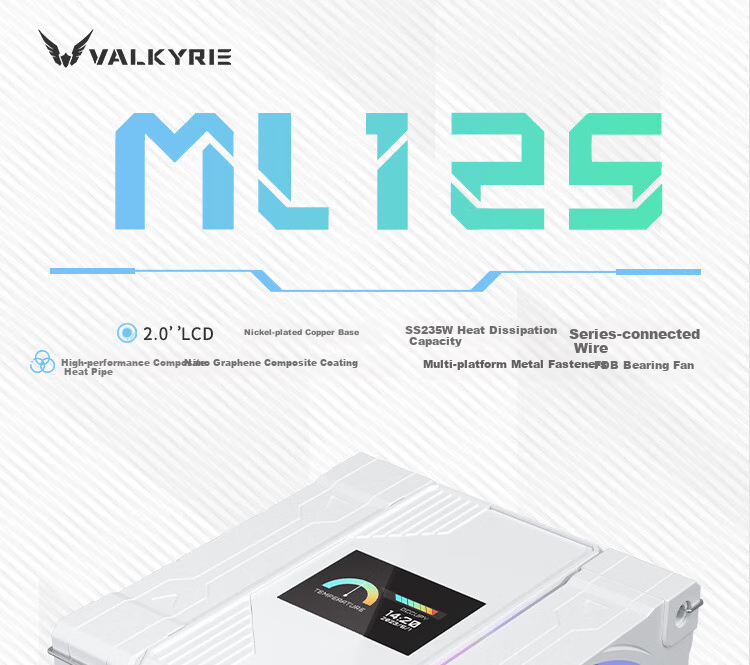 Кулер для процессора VALKYRIE ML125 WHITE, воздушное охлаждение, 6 тепловых трубок, медное основание, 2.0-дюймовый IPS LCD дисплей, совместимость с LGA1700 AM5