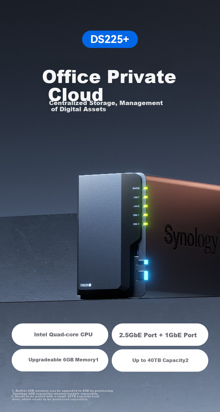 Сетевое хранилище Synology DS225+, четырехъядерный процессор, два отсека для жестких дисков, командная работа, частное облако, обмен файлами и резервное копирование