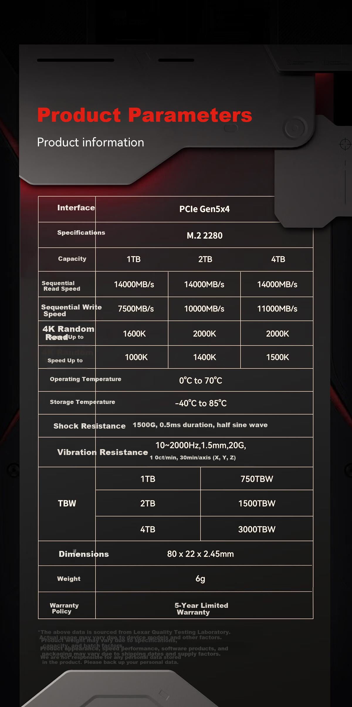 SSD накопитель Lexar ARES PRO Series 2TB, M.2, NVMe PCIe 5.0x4, скорость 14000 МБ/с
