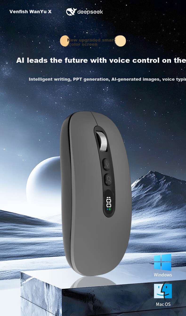 VENFISH AI Smart Voice Mouse, беспроводная Bluetooth-мышь с цифровым дисплеем, перезаряжаемая, серая