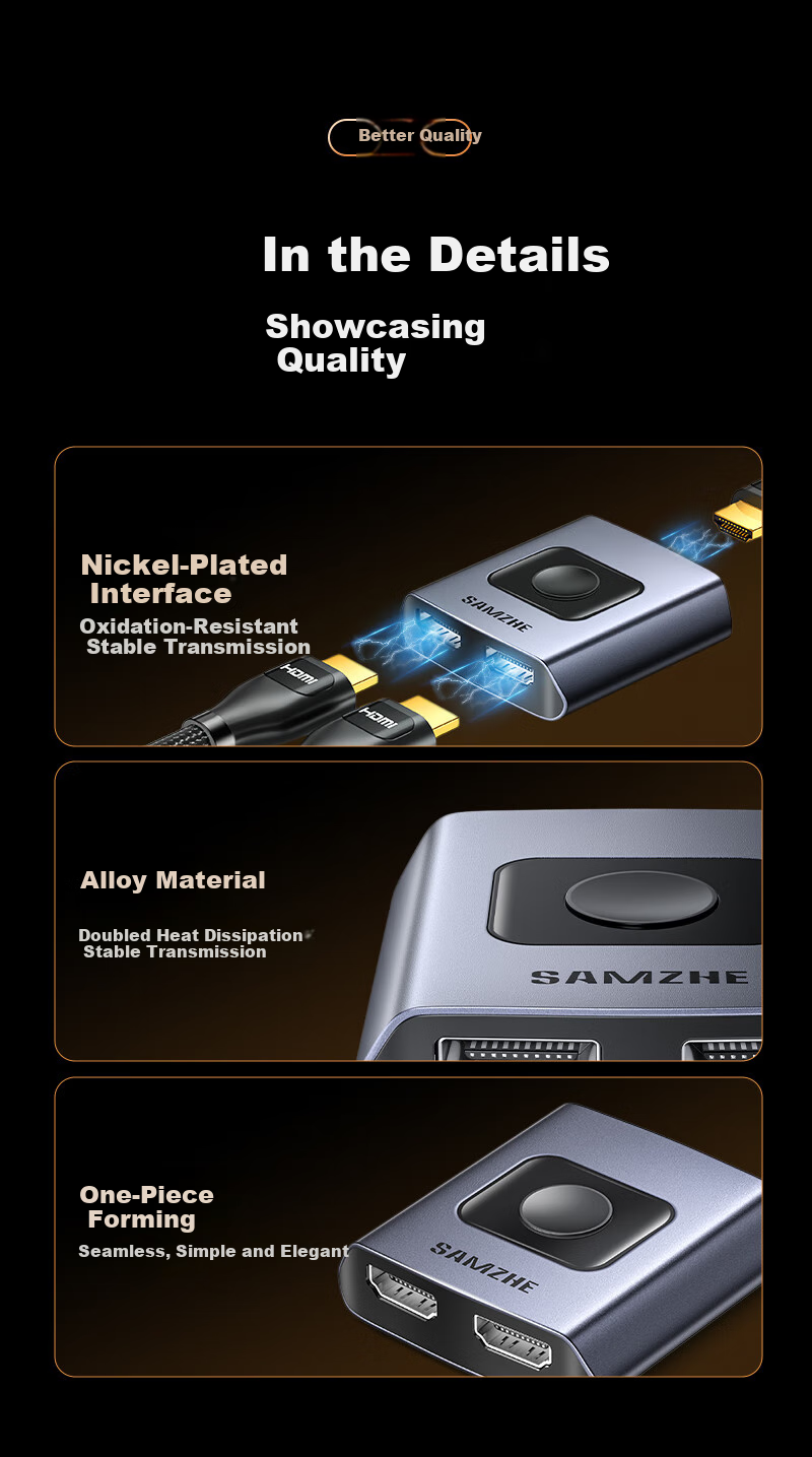 HDMI-переключатель SAMZHE HV-500, 2 входа/1 выход, 1 вход/2 выхода, 4K 60Hz, алюминиевый сплав